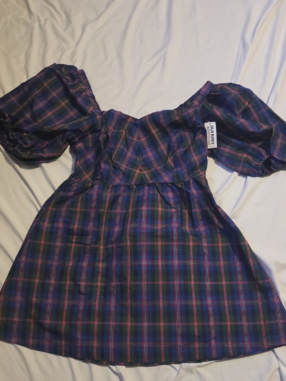 Old Navy Navy, Red and Green Plaid Puff Sleeve Dress